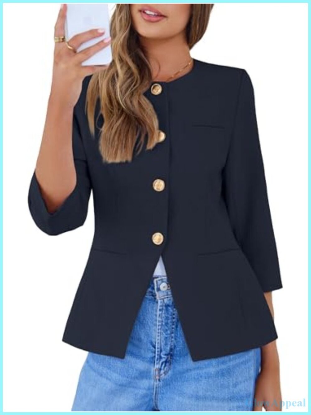 Womens Lightweight Collarless Blazer 3/4 Sleeve Button Down Work Jacket